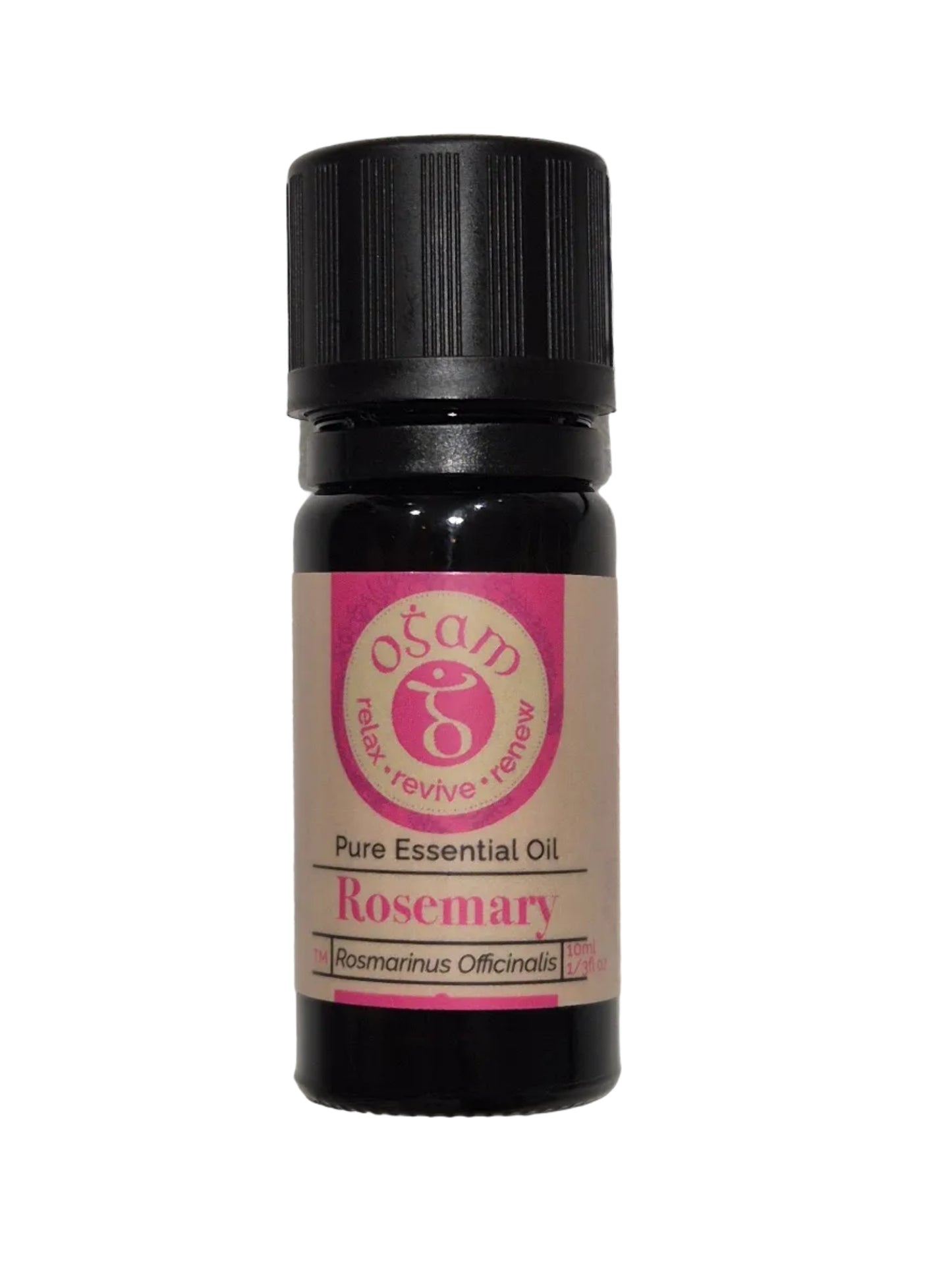 A small black bottle of Rosemary Essential Oil on a textured white surface, with a partial logo card visible in the top-left corner.