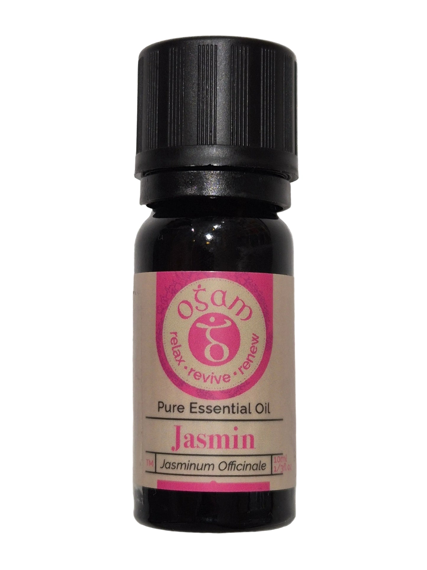 A small bottle of Osod Relax Jasmine Pure Essential Oil with a black cap and a beige label featuring pink and black text, resting on a white textured surface.