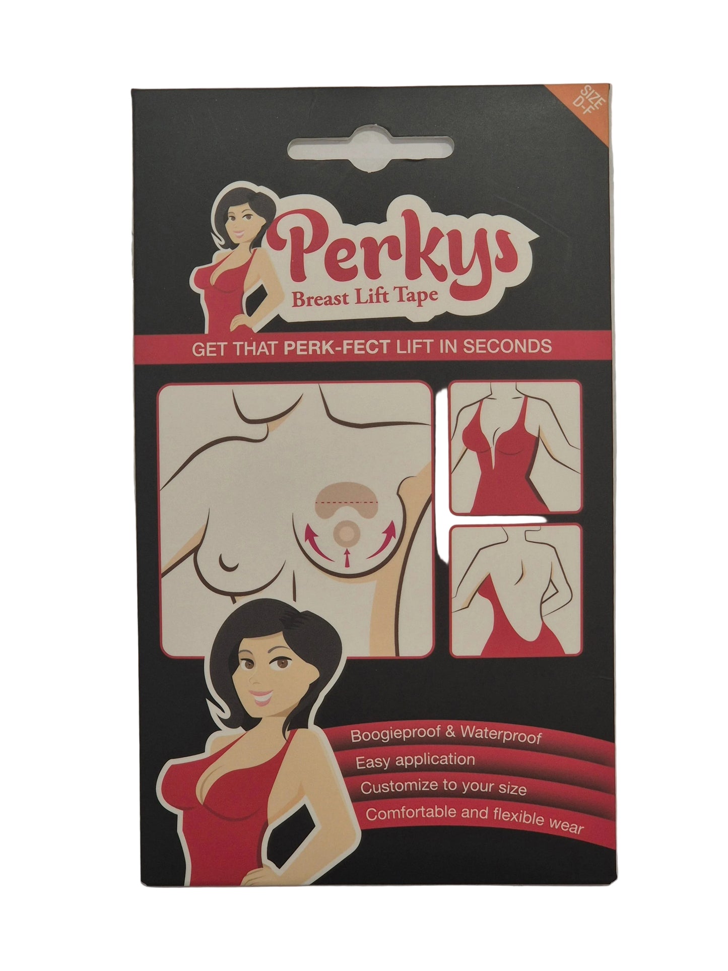 Perkys Breast Lift Tape retail packaging card, featuring illustrated graphics of a woman's torso showing the tape application and product forms, on a black background.