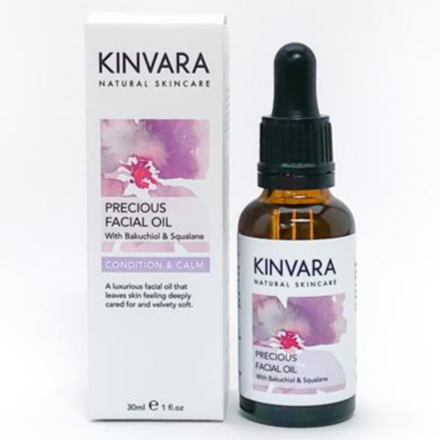 Kinvara Natural Skincare precious facial oil with bakuchiol and squalane. Condition and Calm. A luxurious facial oil that leaves skin feeling deeply cared for and velvety soft. 30ml. Dark Glass Bottle with dropper.