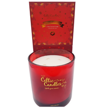 Load image into Gallery viewer, Large Celtic Candle White Wax in Red Glass Container. Gold Writing "Celtic Candles ignite your senses".2 little robins and 2 hearts. Large Red Cardboard box with snowflakes ornaments to hold the candle.