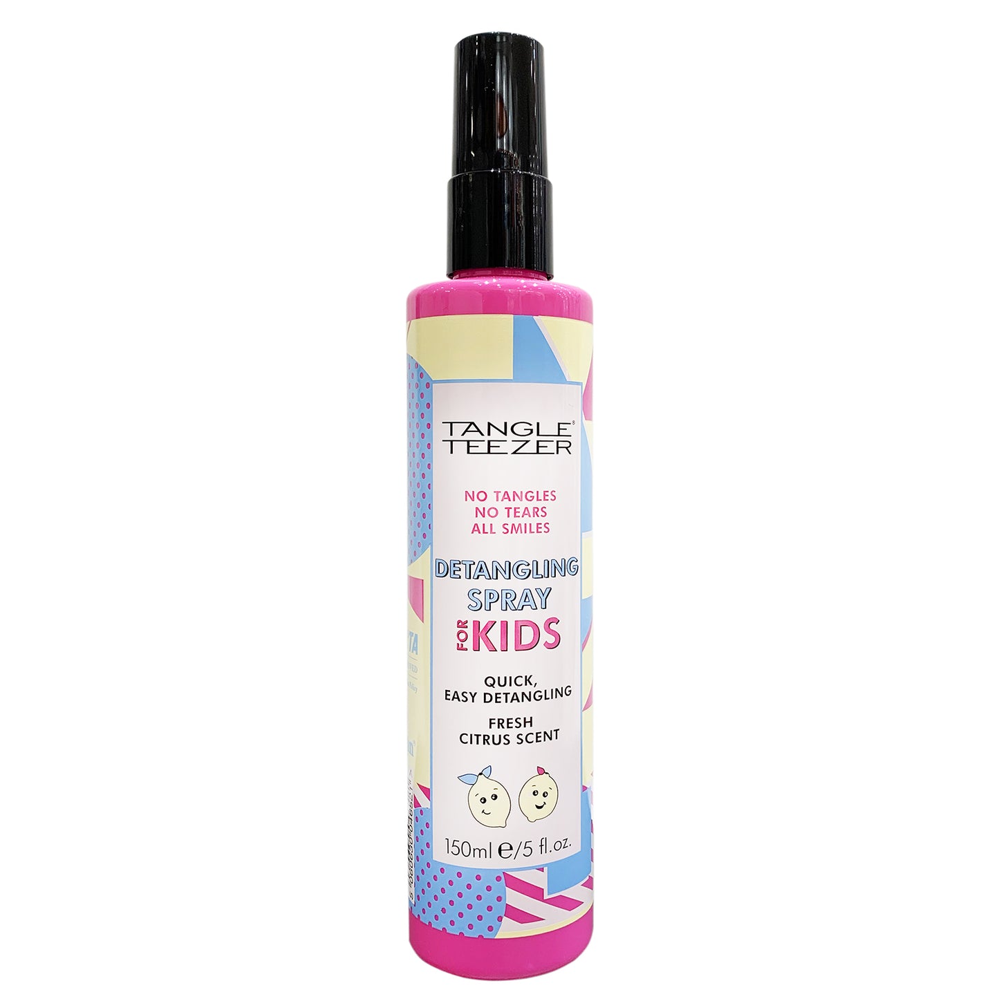 Detangling Spray. No tangles, no tears all smiles. Quick, easy detangling. Fresh Citrus Scent. 150ml. Pink Bottle with black spray top.