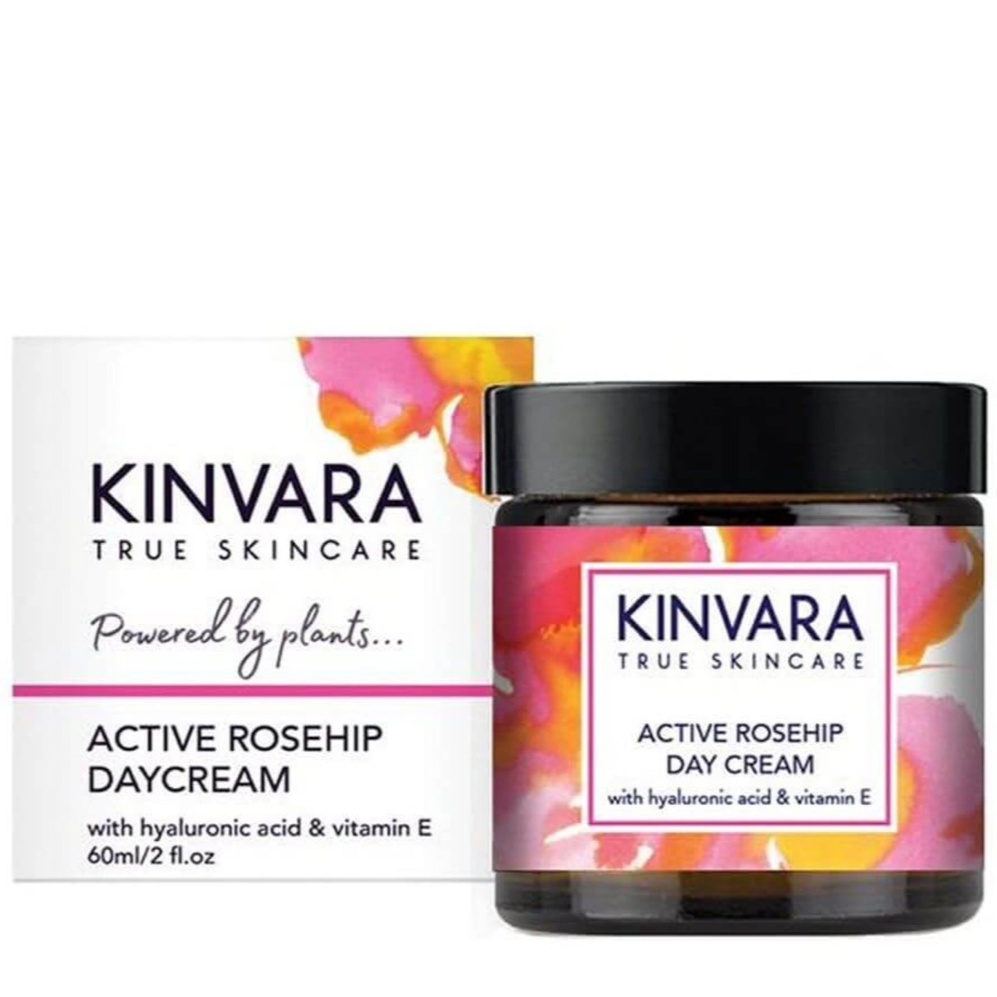 Kinvara True Skincare powered by pants. Active Rosehip daycream. With healuronic acid and vitamin E. 60ml dark glass jar.