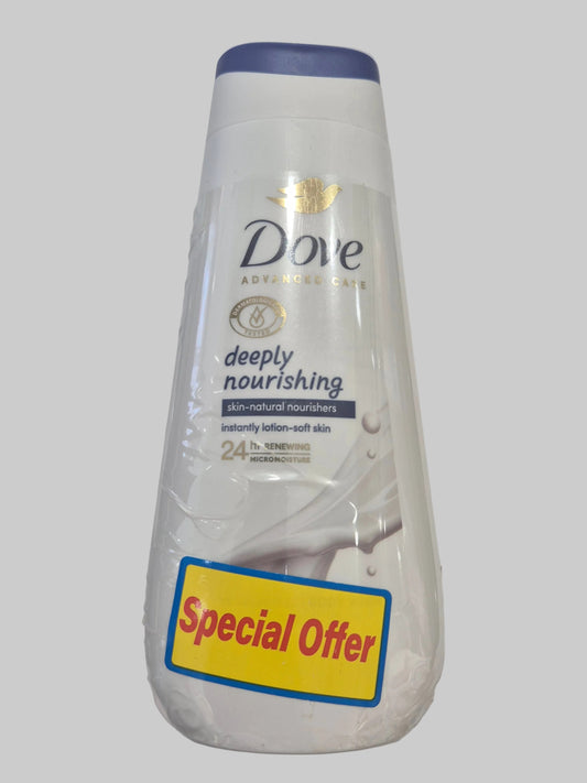 Dove deeply nourishing body wash bottle with a 'Special Offer' label on a white sheet.