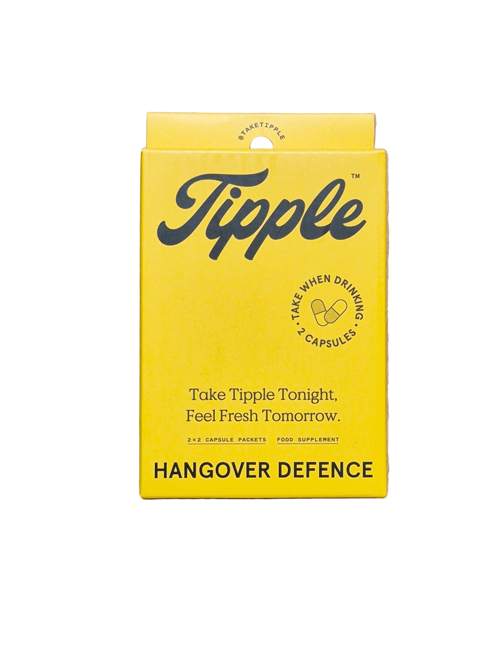 Yellow packaging of Tipple Hangover Cure against white background
