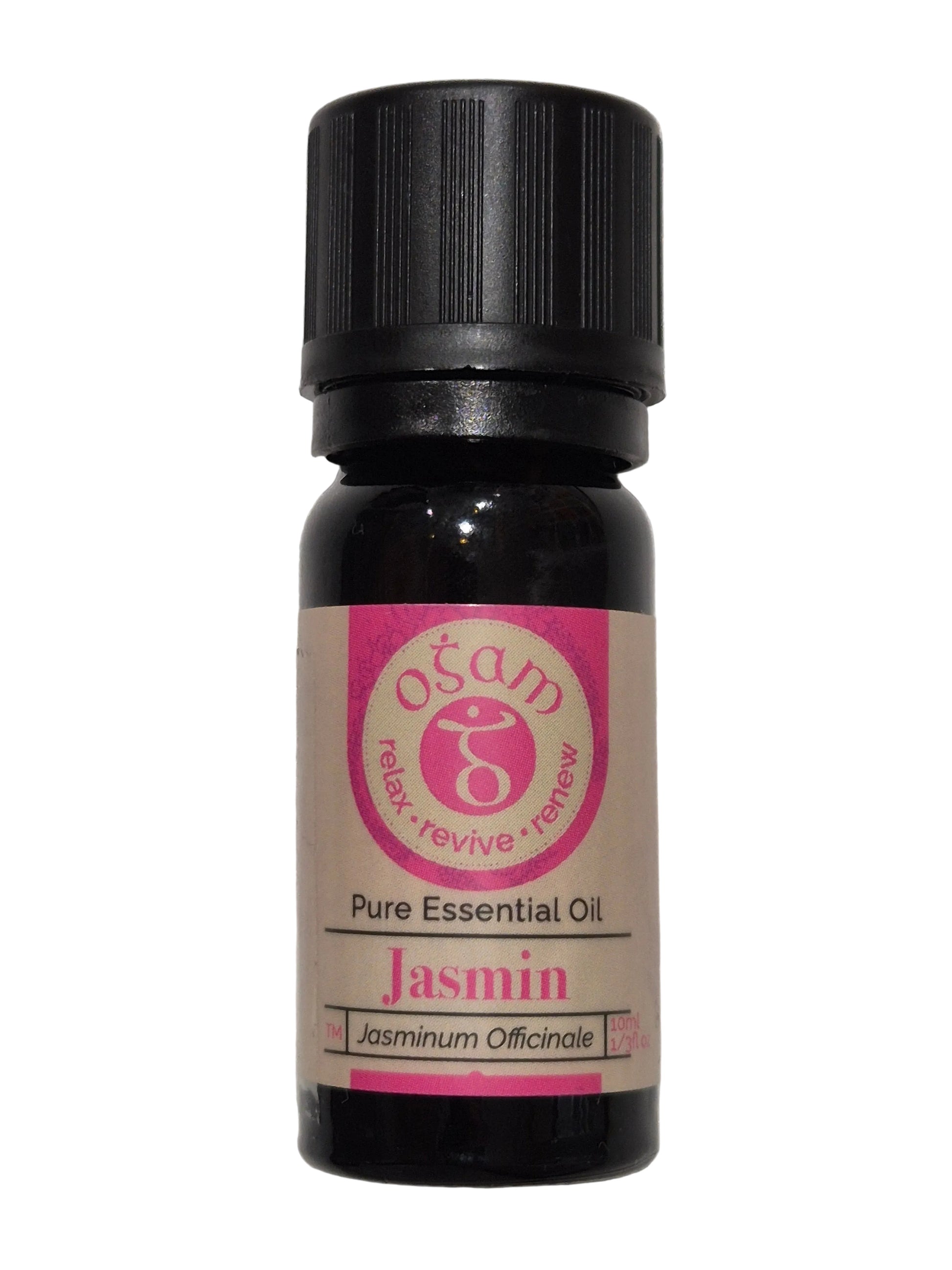 A small bottle of Osod Relax Jasmine Pure Essential Oil with a black cap and a beige label featuring pink and black text, resting on a white textured surface.