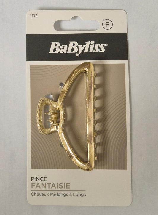 Gold hair clip on a Babyliss branded card with a gray background