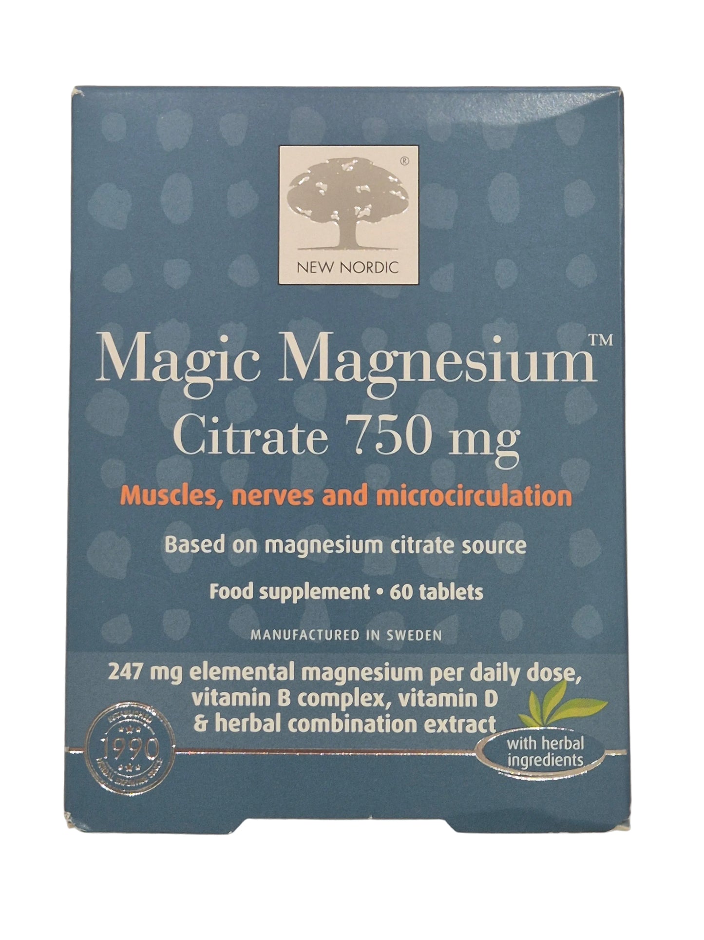 Box of Magic Magnesium Citrate 750 mg supplement with New Nordic logo.