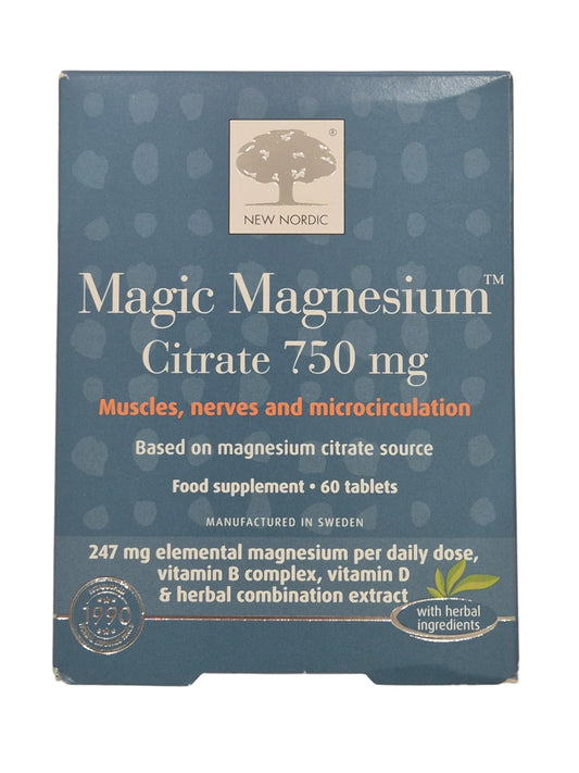 Box of Magic Magnesium Citrate 750 mg supplement with New Nordic logo.