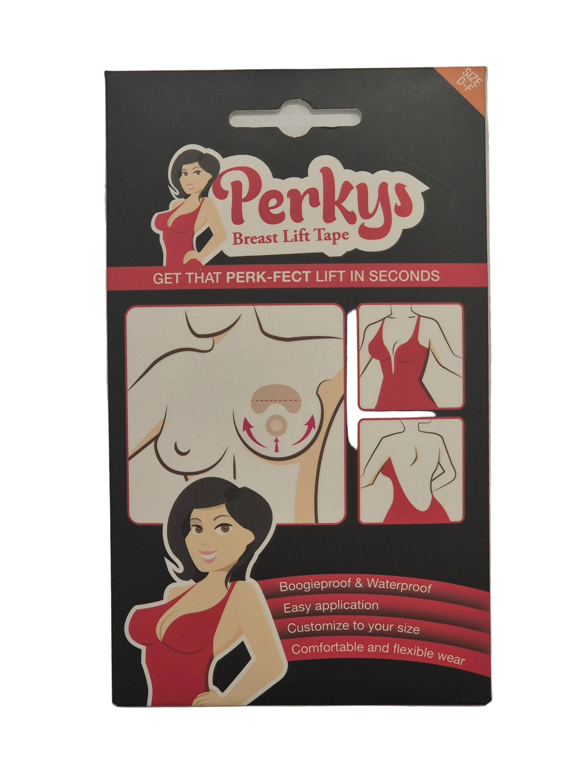 Perkys Breast Lift Tape retail packaging card, featuring illustrated graphics of a woman's torso showing the tape application and product forms, on a black background.
