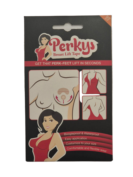 Perkys Breast Lift Tape retail packaging card, featuring illustrated graphics of a woman's torso showing the tape application and product forms, on a black background.
