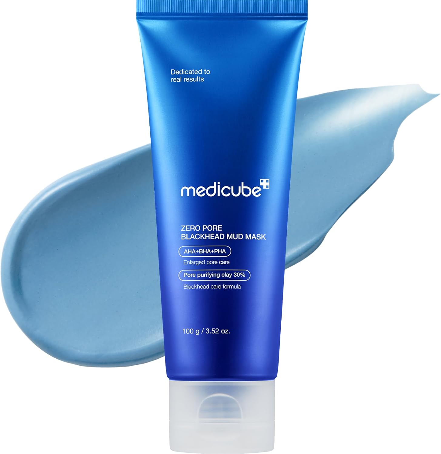 Blue tube of Medicube Zero Pore Blackhead Mud Mask with blue paste on a white background