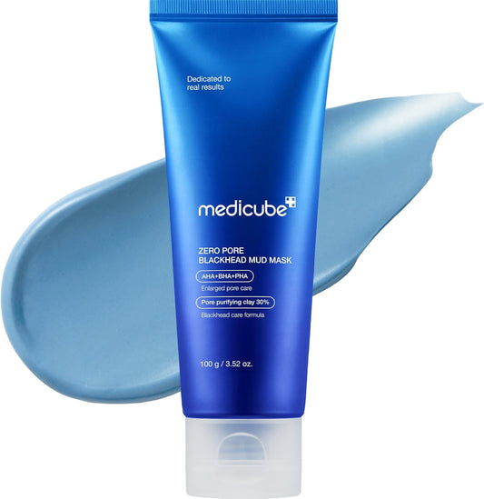 Blue tube of Medicube Zero Pore Blackhead Mud Mask with blue paste on a white background