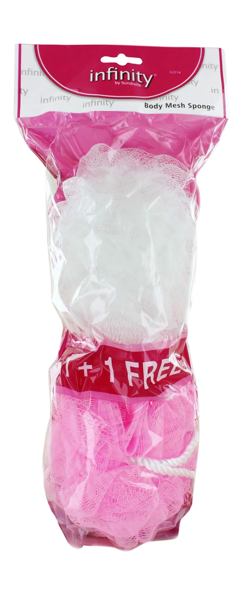 Packaged body mesh sponge with pink and white design on a white background