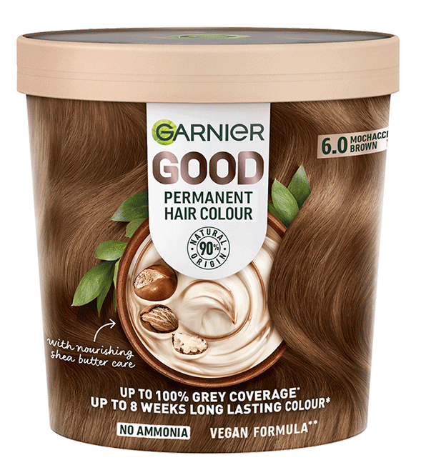 A tub of Garnier Good Permanent Hair Colour in a light brown shade, shown against a solid black background.