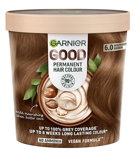 A tub of Garnier Good Permanent Hair Colour in a light brown shade, shown against a solid black background.