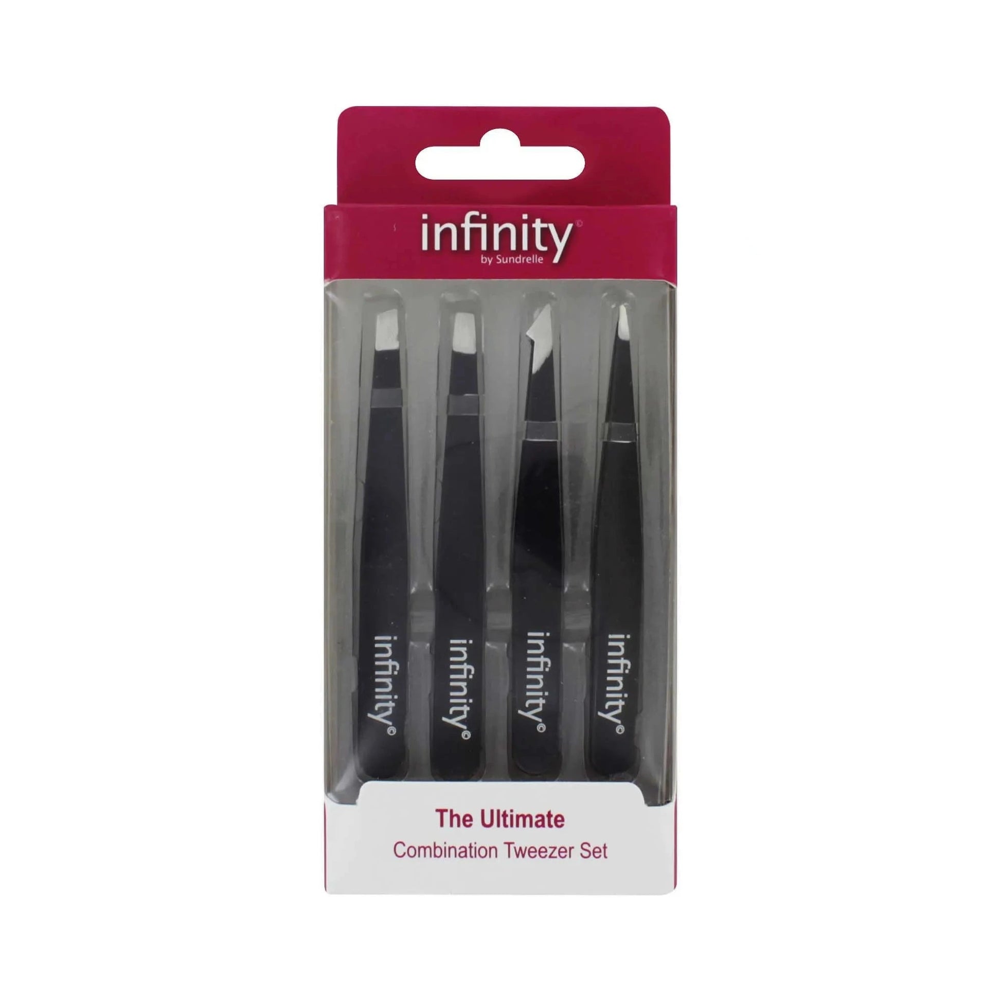 Packaged set of tweezers with 'infinity' branding on a white background