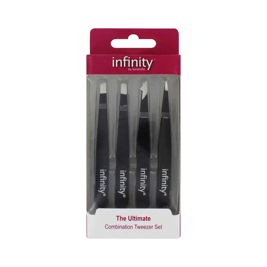 Packaged set of tweezers with 'infinity' branding on a white background