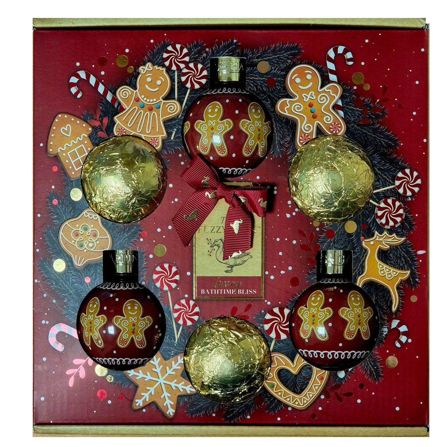 Decorative Christmas gift set with gold and red ornaments on a red background