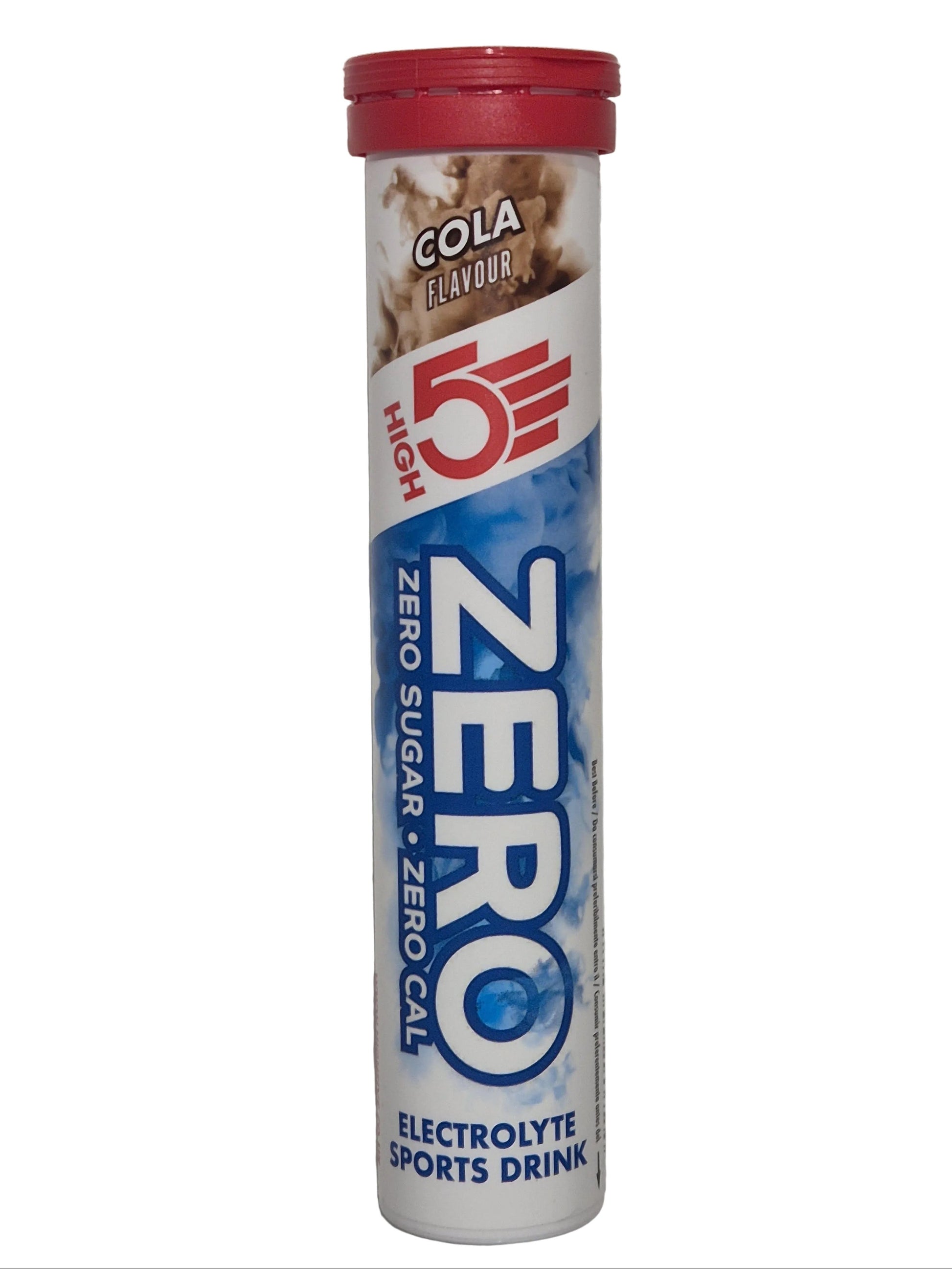 A single tube of High 5 Zero Electrolyte Sports Drink in Cola flavor, featuring a red cap and a white and blue label, set against a plain light gray wall.