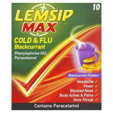 Load image into Gallery viewer, Lemsip Max Cold &amp; Flu Blackcurrant Flavour
