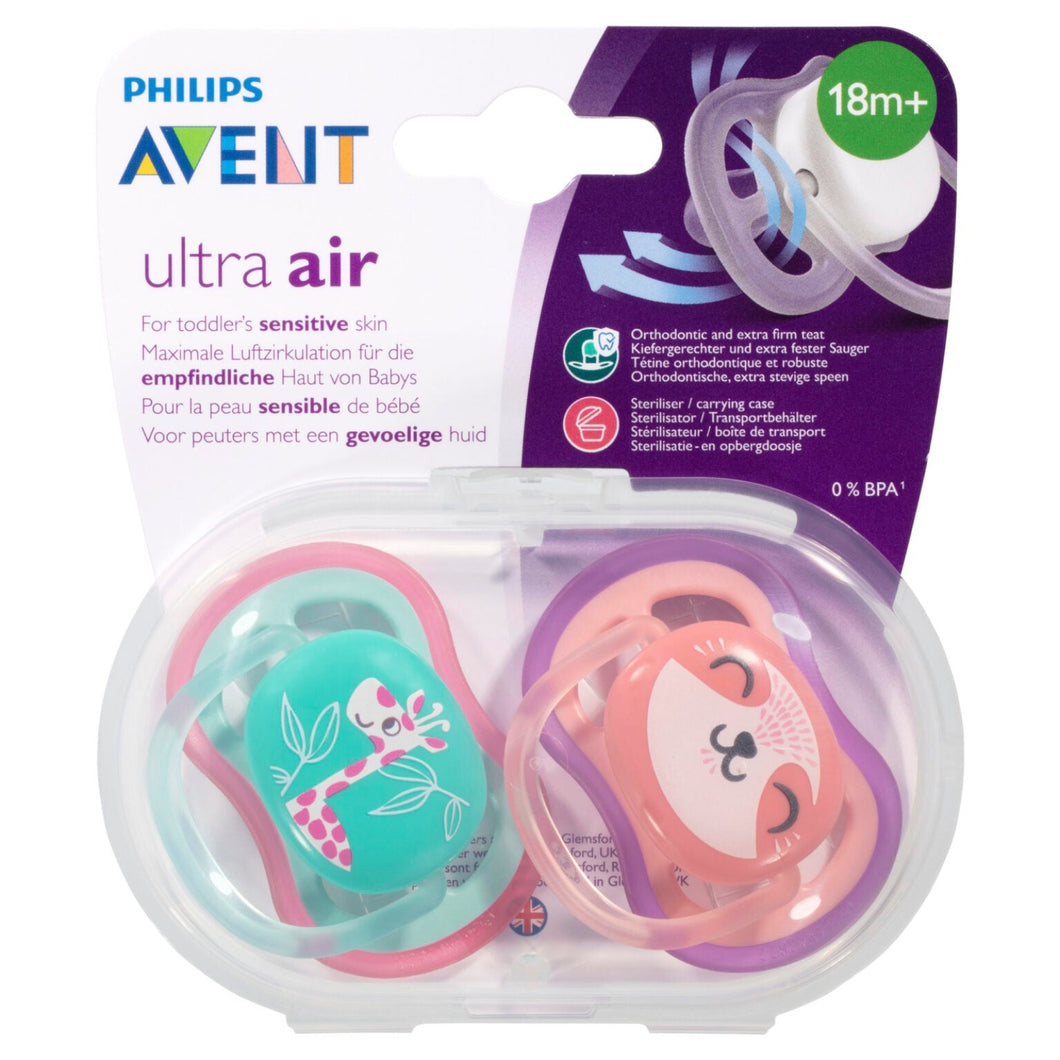 Avent Ultra Air 18m+ Orthodontic, For Toddlers Sensitive skin. 0% BPA. Contains Steriliser carrying case. 2 pack, 1 green with pink rim and giraffe, second coral with purple rim and teddy face.