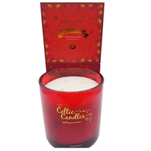 Load image into Gallery viewer, Large Celtic Candle White Wax in Red Glass Container. Gold Writing &quot;Celtic Candles ignite your senses&quot;.2 little robins and 2 hearts. Large Red Cardboard box with snowflakes ornaments to hold the candle.
