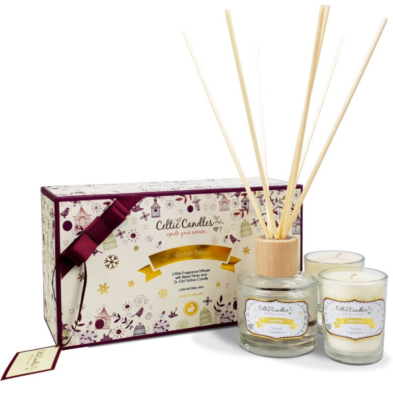 CELTIC CANDLE FESTIVE BERRY MINI GIFT SET 120ML DIFFUSER PLUS 2 10CL VOTIVES