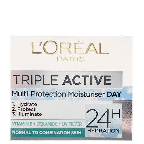 Multi protection Moisturiser Day. 1.Hydrate 2.Protect 3.Illuminate. Vitamin E, Ceramide, UV Filter. Normal to Combination Skin. 24 Hour hydration. White Cardboard box, 50ml Pot.