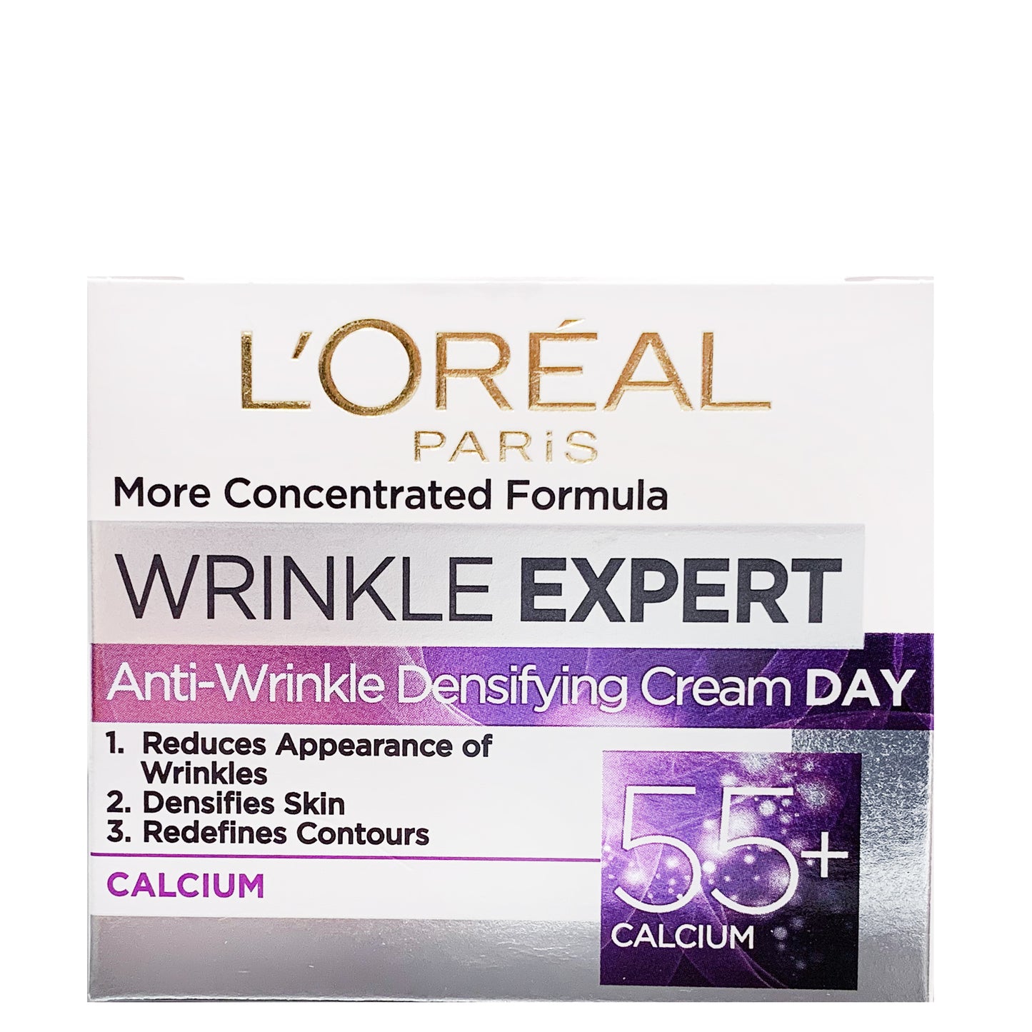 More concentrated Formula. Anti wrinkle densifying Cream for Day Use. Reduces Appearance of Wrinkles, Densifies Skin, Redefines Contours. 55+ , Calcium. 50 ml Pot.
