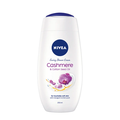 Nivea Shower Cream contains Cashmere and Cotton Seed. Presented in white recycled plastic bottle with a dark blue lid.