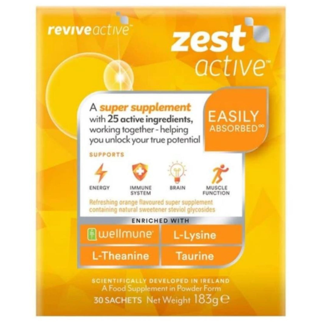 Revive Active Zest Active A super supplement with 25 active ingredients. Wellmune, L-Lysine, L-Theanine, Taurine. Developed in Ireland. Orange box with 30 sachets.