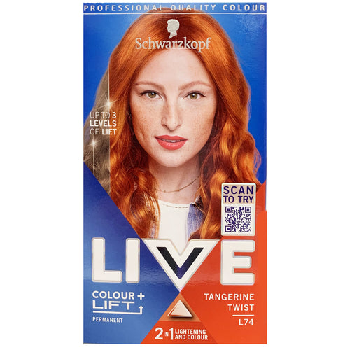 Professional quality colour, up to 3 levels of lift. colour + lift permanent. 2 in 1 lightening and colour. Tangerine Twist. Bright orange colour