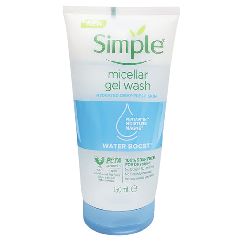 Simple micellar gel wash. Hydrated dewy-fresh skin. pentavitin moisture magnet. water boost. peta approved. Vegan. 100% Soap Free. For Dry Skin. Clear Plastic Tube with blue Cap.