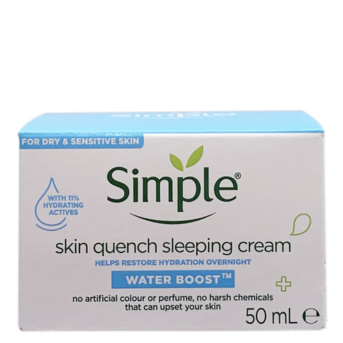 Simple Skin Quench Sleeping crea. For Dry & Sensitive Skin. With 11% Hydrating Actives. Helps Restore hydration overnight. no artificial colour or perfume, no harcsh chemicals that can upset your skin. 50ml pot.