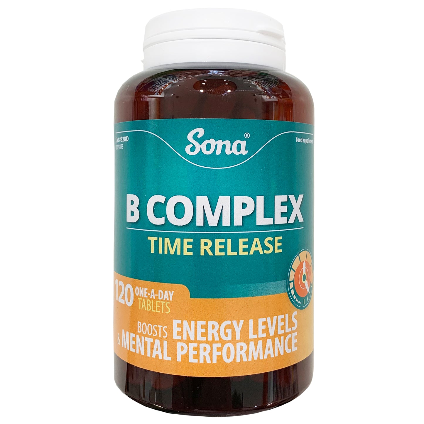 Sona B Comp;ex Time Relese 120 one-a-day Tablets. Boosts Energy Levels and mental performance. Dark Brown Plastic Bottle with a white "flip" lid.