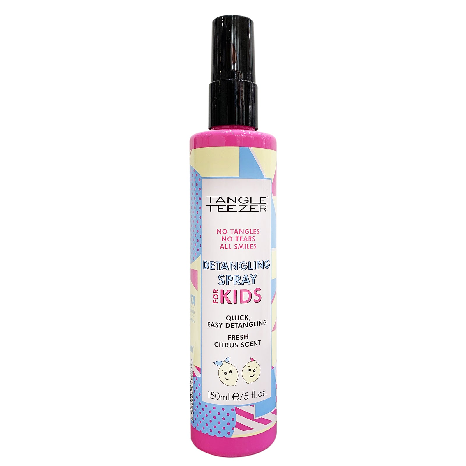 Detangling Spray. No tangles, no tears all smiles. Quick, easy detangling. Fresh Citrus Scent. 150ml. Pink Bottle with black spray top.