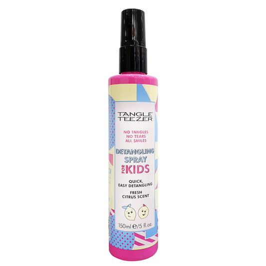 Detangling Spray. No tangles, no tears all smiles. Quick, easy detangling. Fresh Citrus Scent. 150ml. Pink Bottle with black spray top.