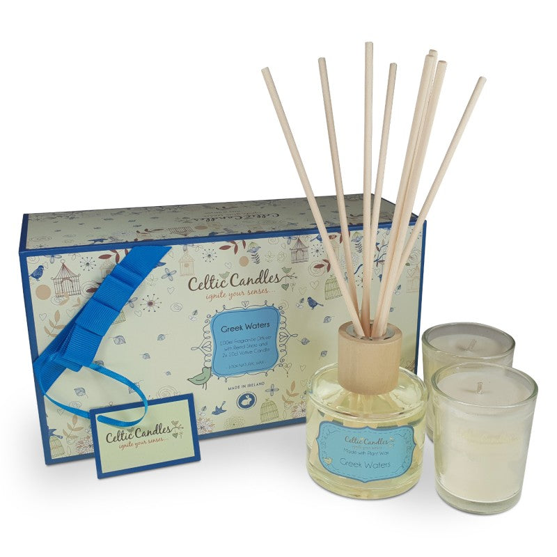 Celtic Candles Diffuser and 2 Votive Candles Gift Set Greek Waters