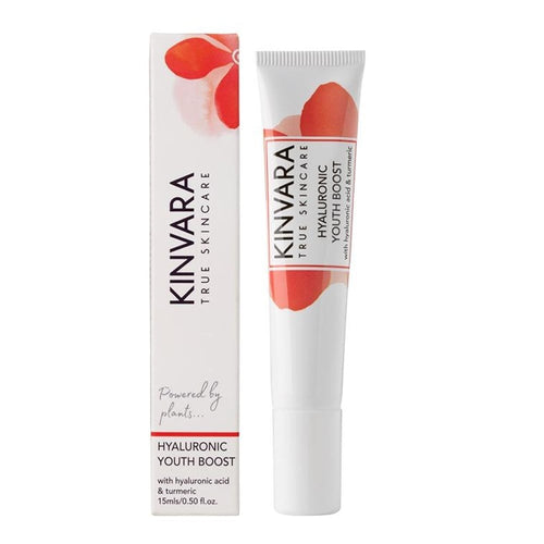 Kinvara True Skincare. hyaluronic youth boost with healuronic acid and turmeric. 15ml. White plastic tube.
