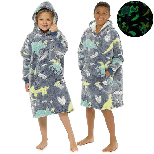 KIDS GLOW IN THE DARK HOODED BLANKET DINOSAUR 6-8Y